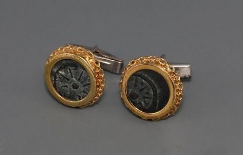 TWO BRONZE WIDOW'S MITE COINS SET IN SILVER CUFFLINKS